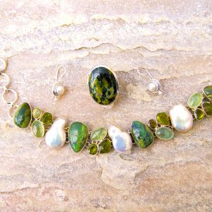 Set Jadeite, Peridot,Naturperlen, Silber 925