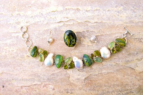 Set Jadeite, Peridot,Naturperlen, Silber 925