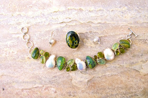 Set Jadeite, Peridot,Naturperlen, Silber 925